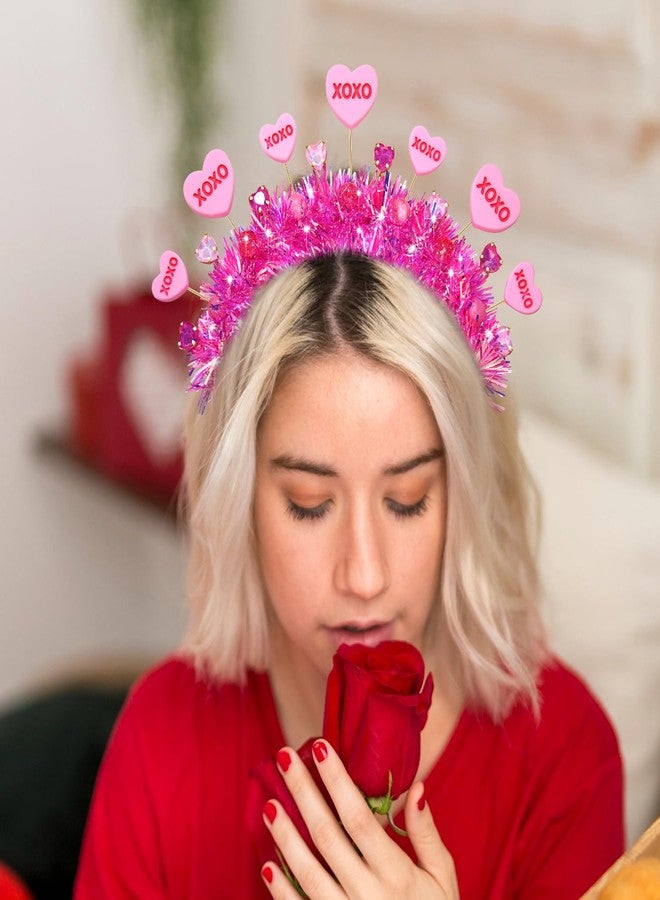 BVGA Valentines Headbands for Women Hot Pink Tinsel Wrapped Headpiece Heart Rhinestone Hairband Valentines Gifts for Her - Image 2